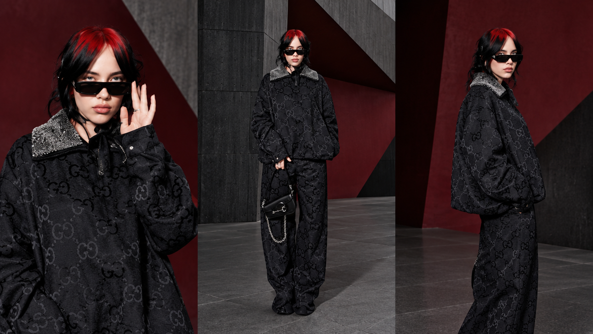 Three-view Billie Eilish oversized streetwear editorial in Burgundy Noir Brutalism | OFFCULTURE Journal