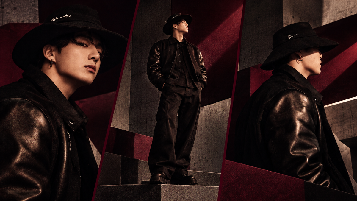 Jungkook three-view text-free Brutalist fashion editorial | OFFCULTURE Journal