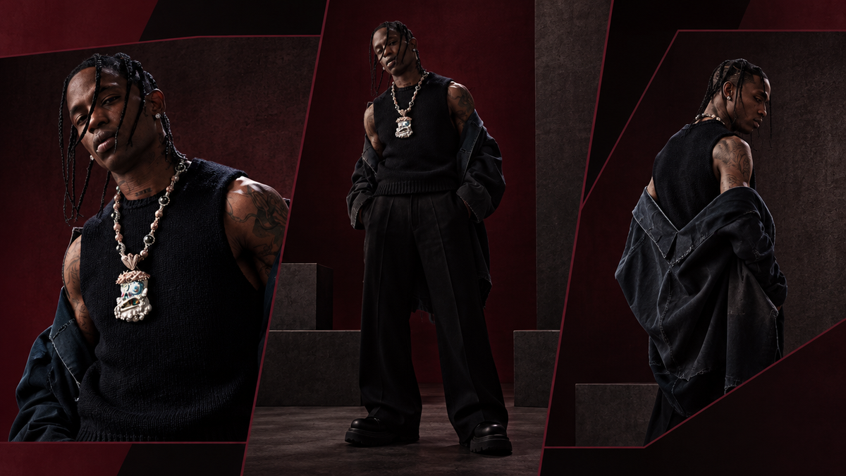 OFFCULTURE Journal travis scott styling editorial, text-free three-view Brutalist composition