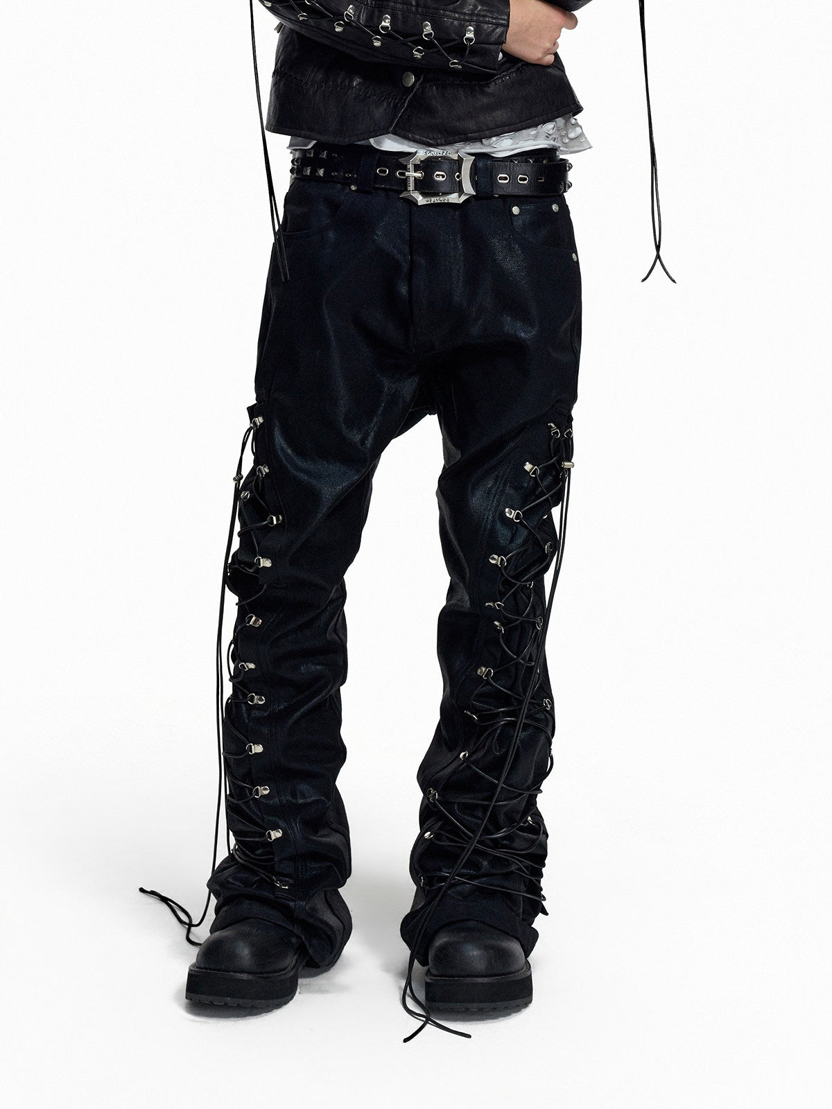 NVRSETTLE coated lace-up flared denim pants