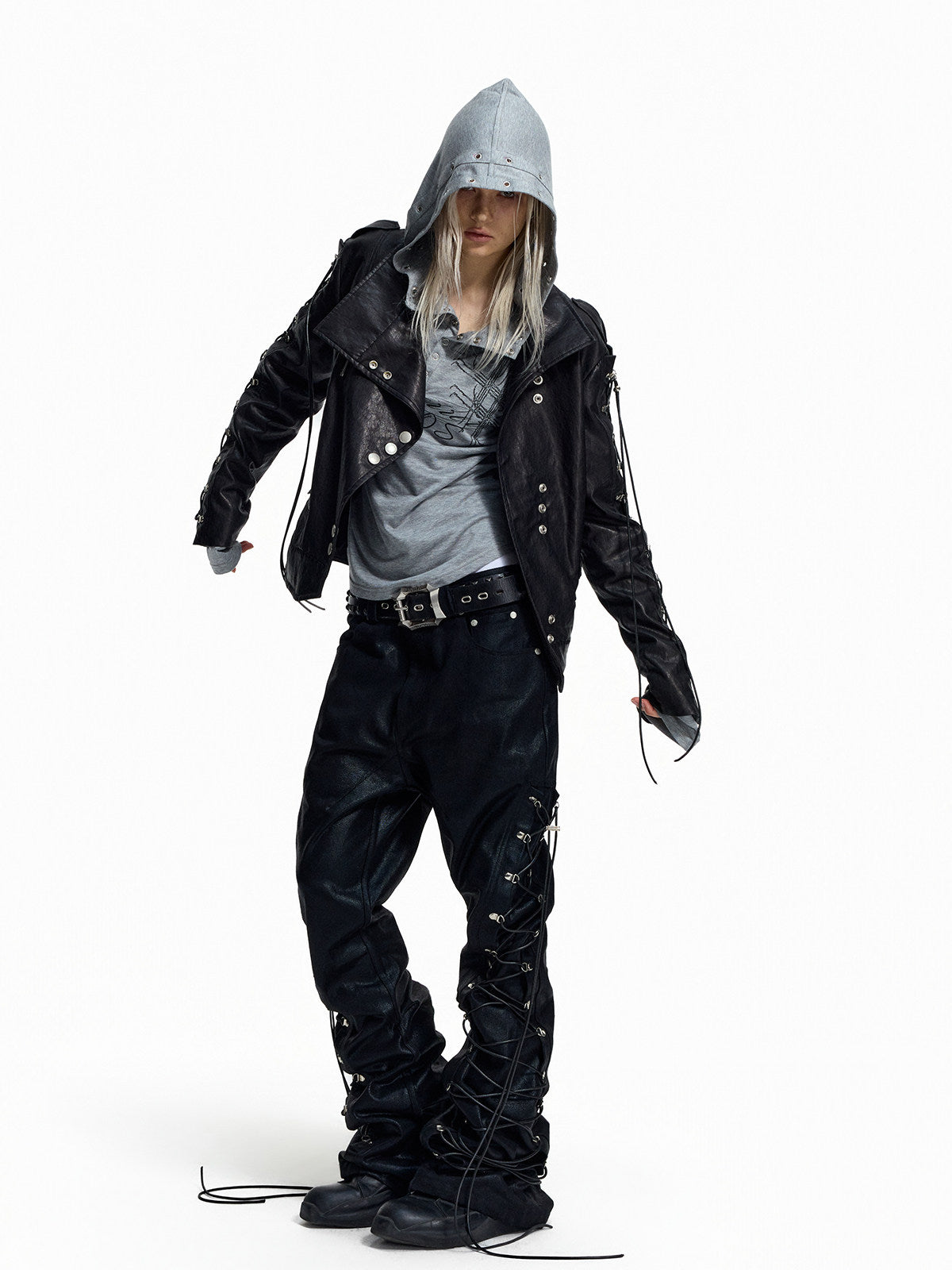 SLOW DAMAGE asymmetric coated biker jacket