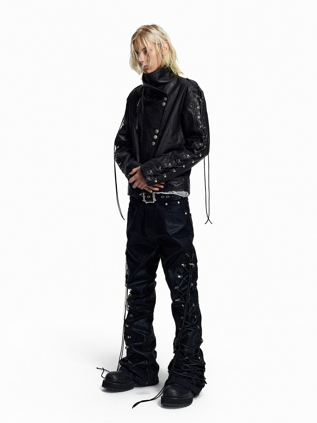 NVRSETTLE coated lace-up flared denim pants