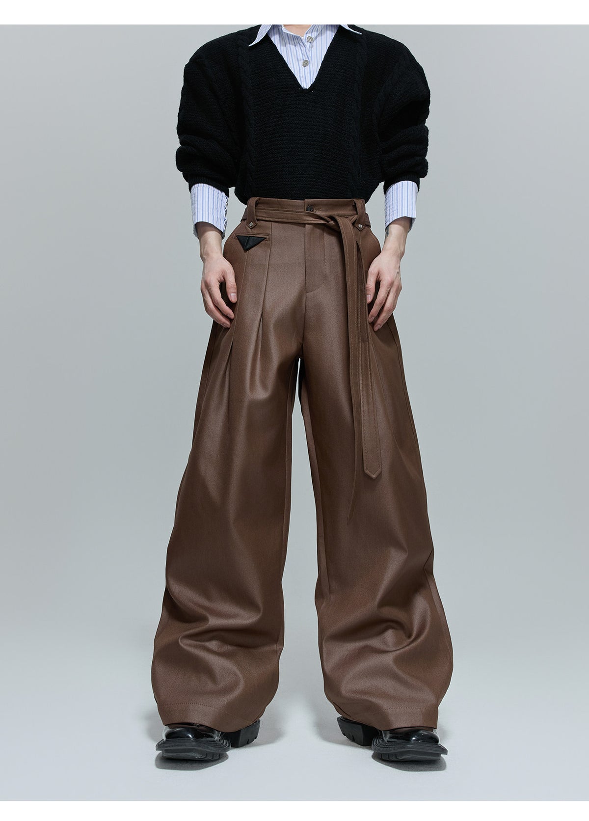 VESPER pleated high-waisted wide straight-leg trousers with waist tie, additional product photograph 2 | OFFCULTURE®