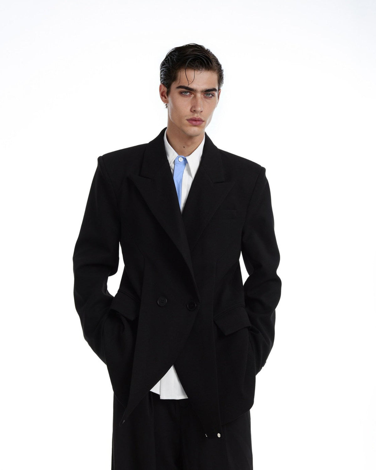 LOVELESS black waisted satin-finish blazer with shawl lapels, additional product photograph 10 | OFFCULTURE®
