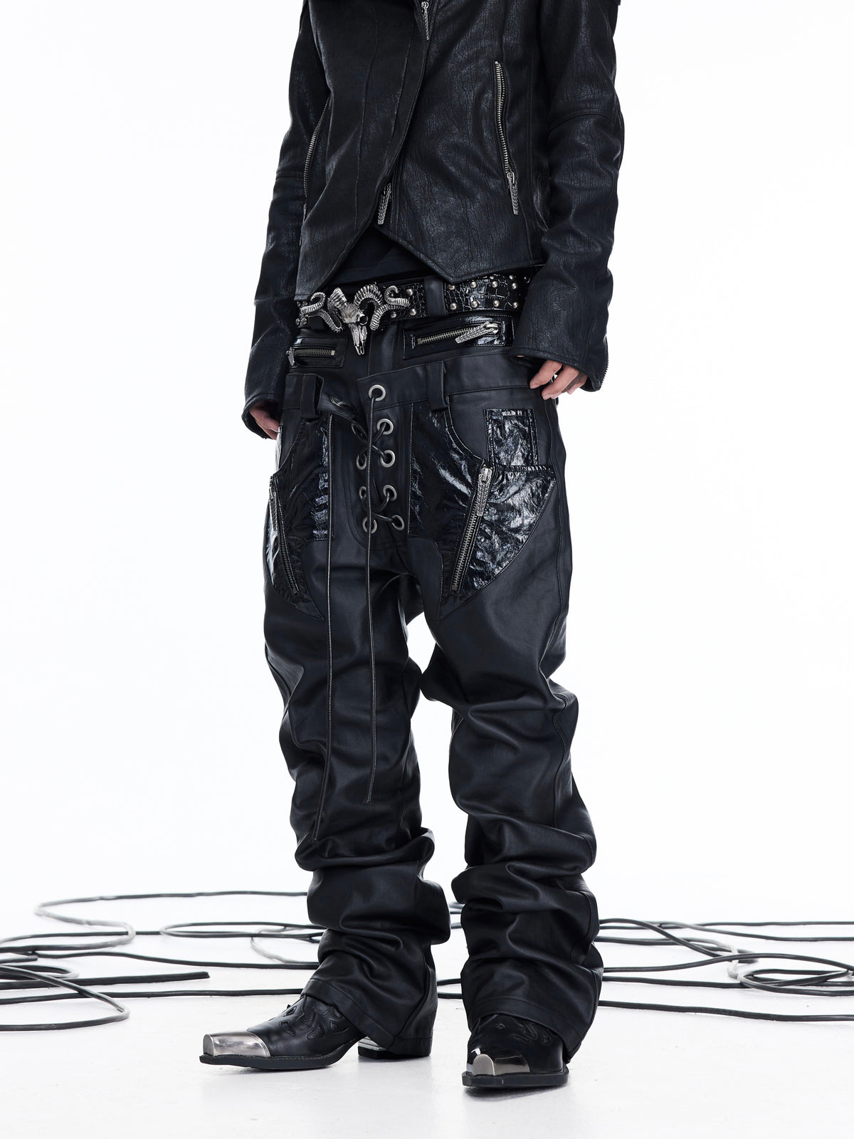 WAXED STATIC DOUBLE WAIST WIDE LEG JEANS