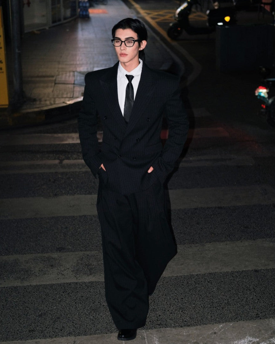BAD HABITS black pinstripe high-rise wide-leg tailored trousers, additional product photograph 5 | OFFCULTURE®