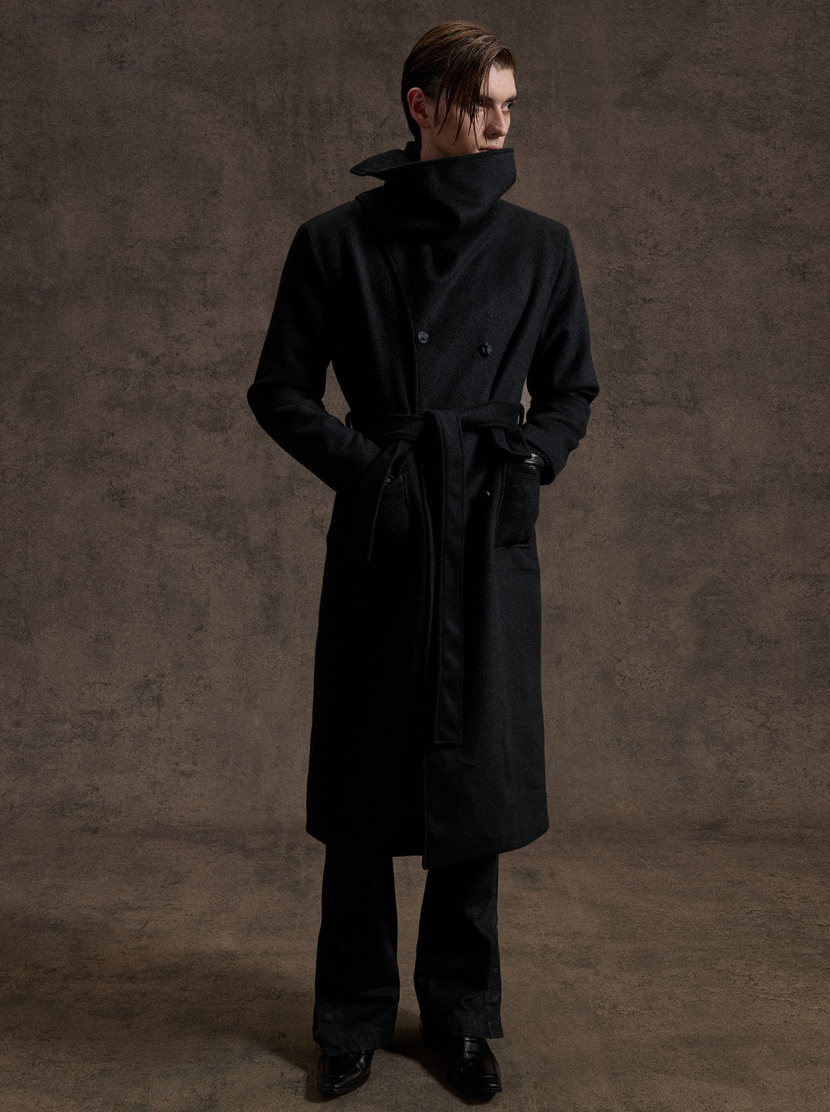 ARCADIA black long double-breasted coat with jacquard lapel panels, additional product photograph 5 | OFFCULTURE®