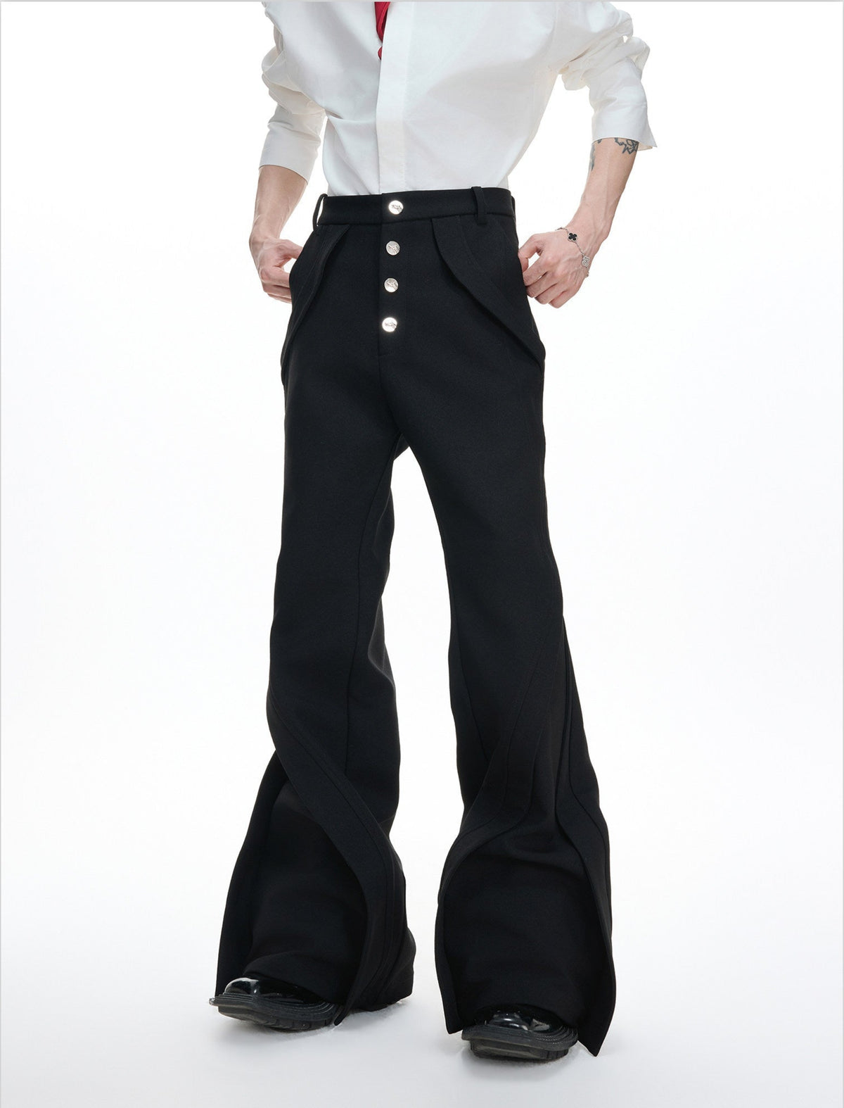 PARADOX black high-rise flared trousers with curved tailored panel seams