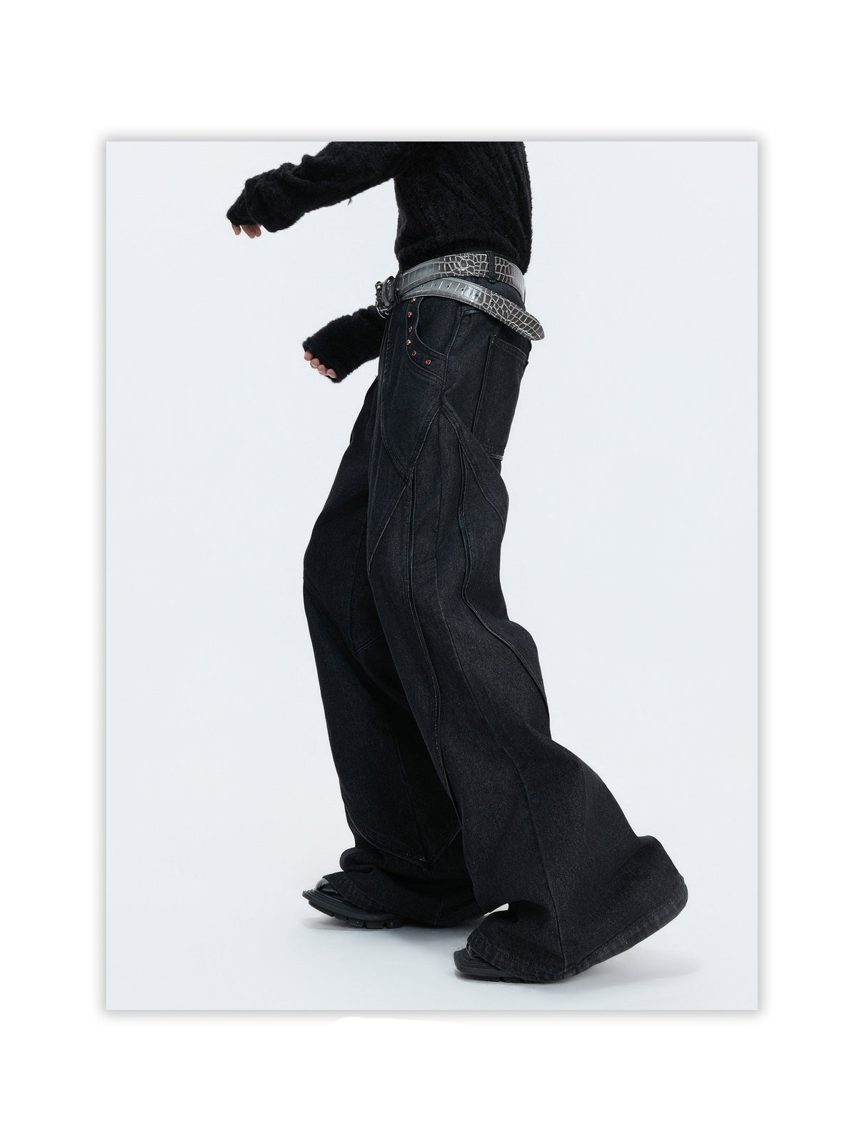 RED STATIC black washed flared denim jeans with red rhinestone accents, additional product photograph 8 | OFFCULTURE®