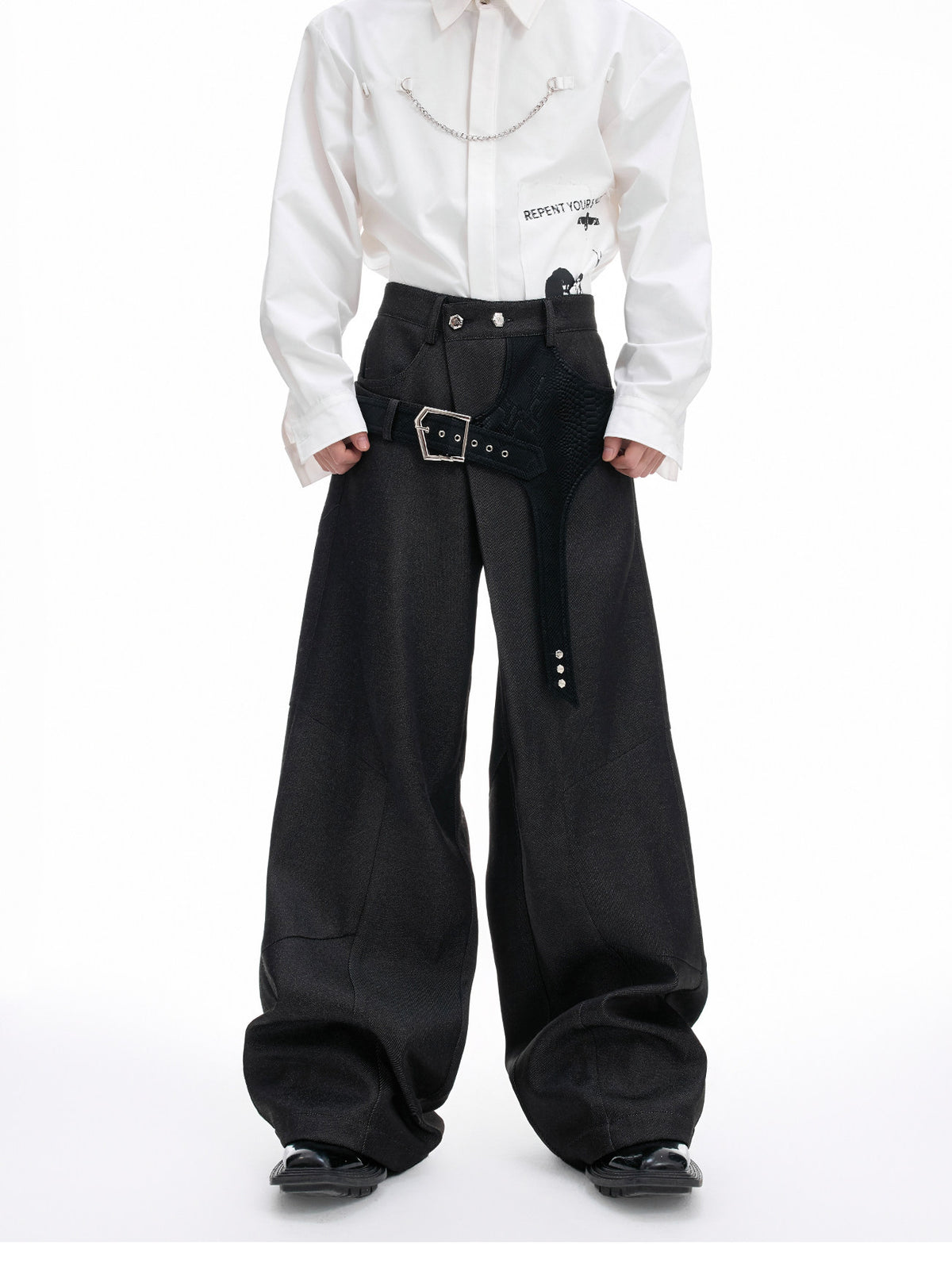 VANTAGE black croc-panelled straight-leg tailored trousers, additional product photograph 3 | OFFCULTURE®