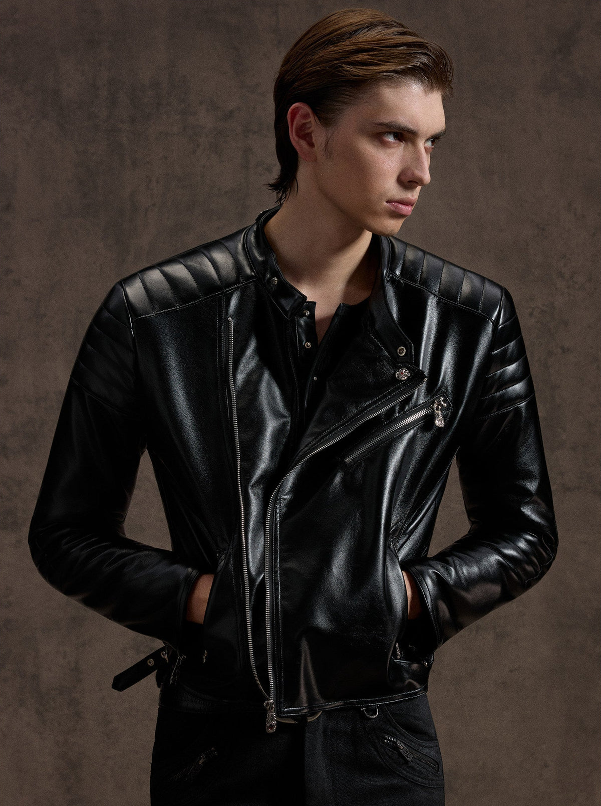 NVRSAINT cropped black asymmetric faux-leather biker jacket, additional product photograph 9 | OFFCULTURE®