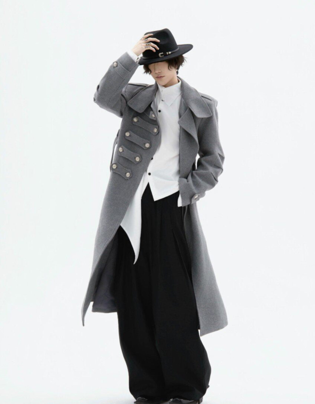 COLD BLOOD grey structured long wool-blend coat with military detailing, additional product photograph 7 | OFFCULTURE®
