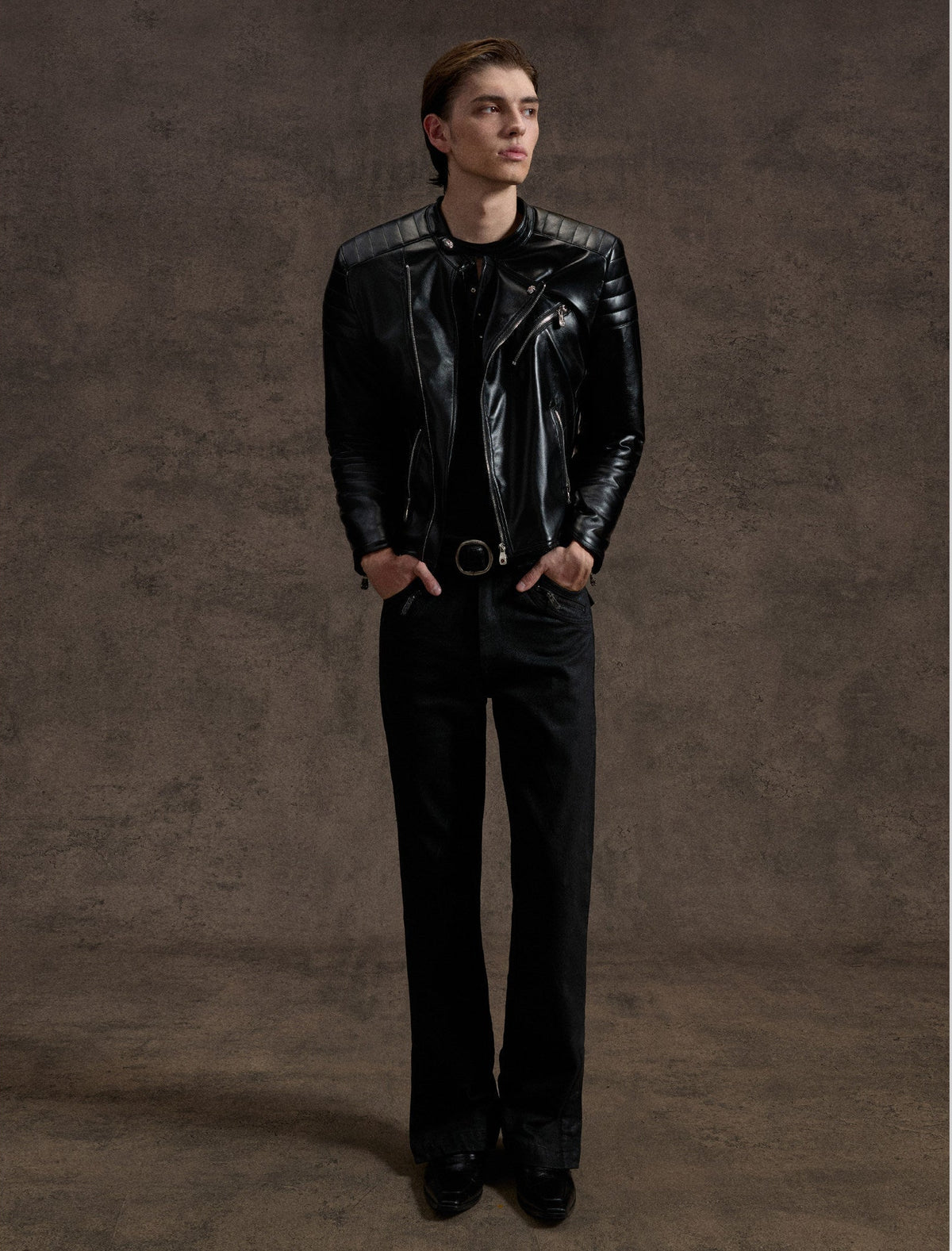 NVRSAINT cropped black asymmetric faux-leather biker jacket, additional product photograph 10 | OFFCULTURE®
