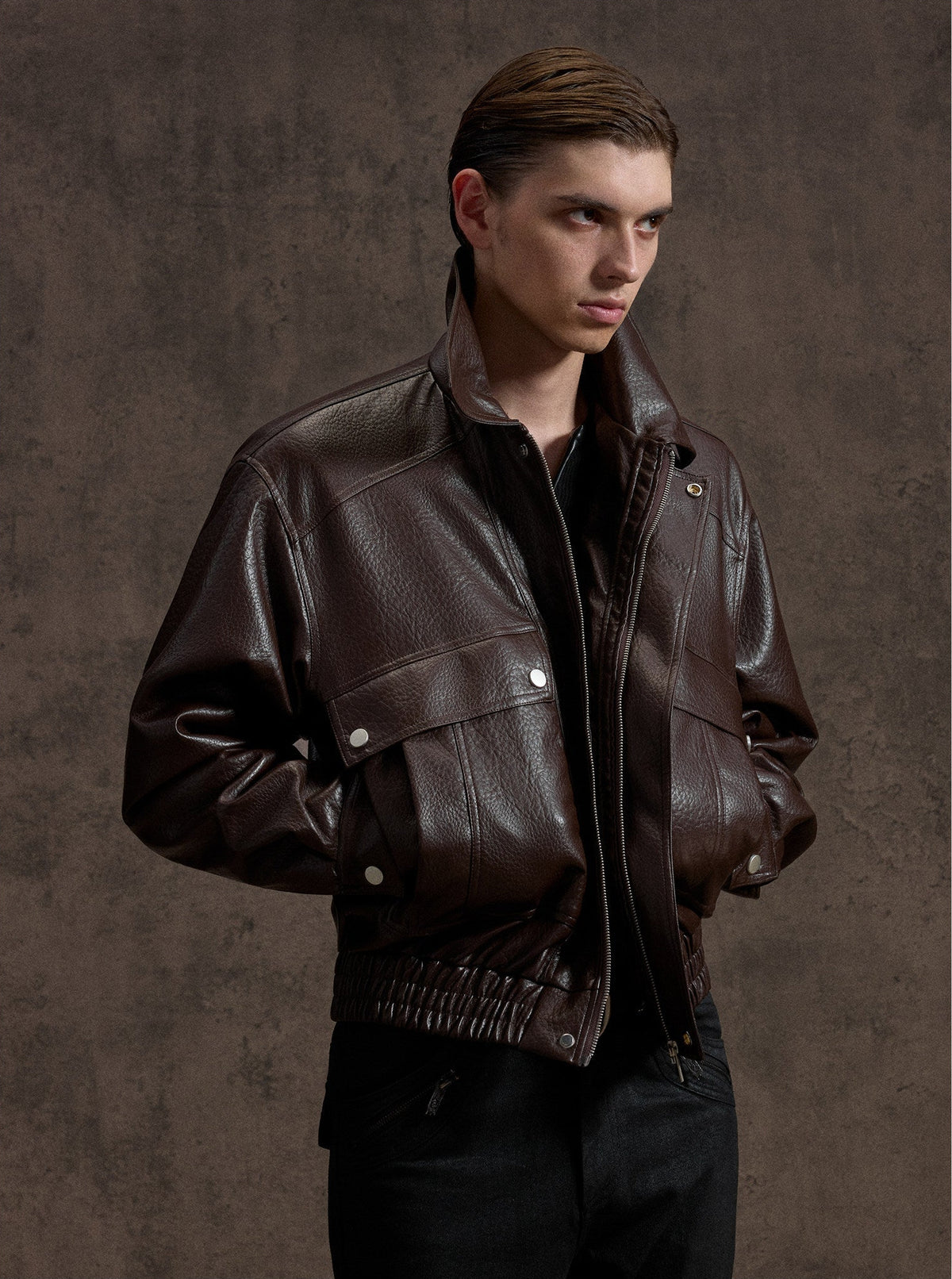 NVRHOME oversized grained black faux-leather jacket with flap pockets, additional product photograph 7 | OFFCULTURE®