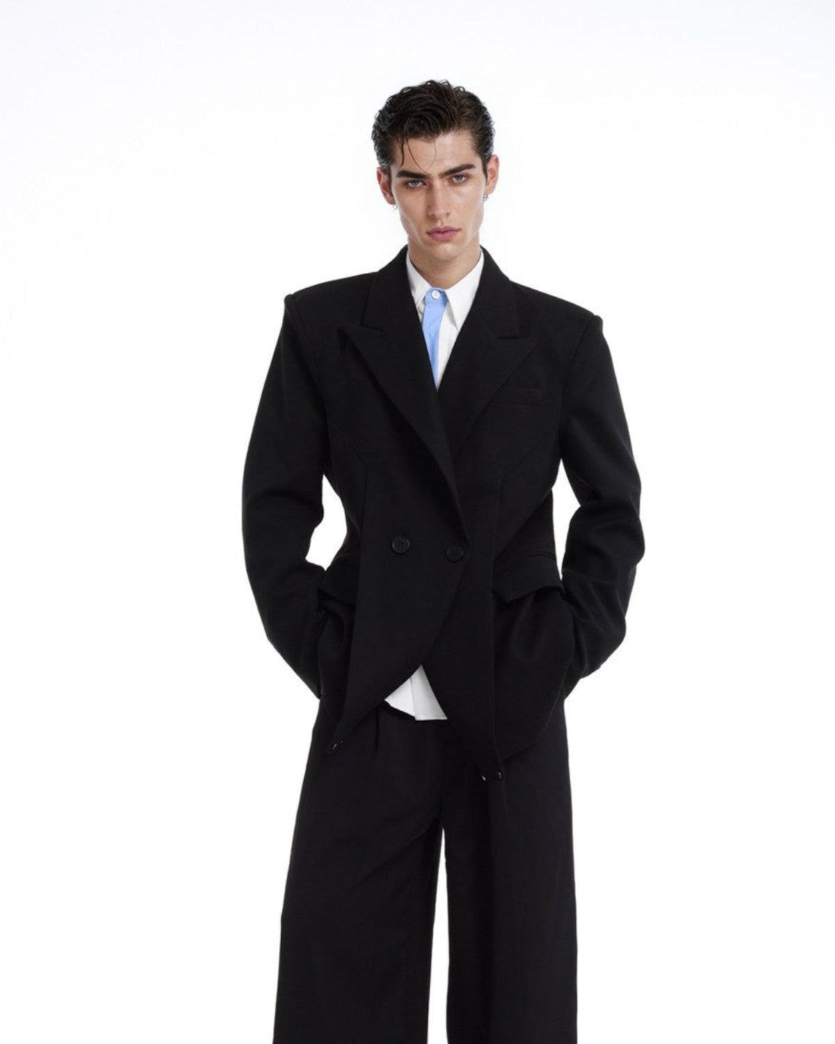 LOVELESS black waisted satin-finish blazer with shawl lapels, additional product photograph 7 | OFFCULTURE®