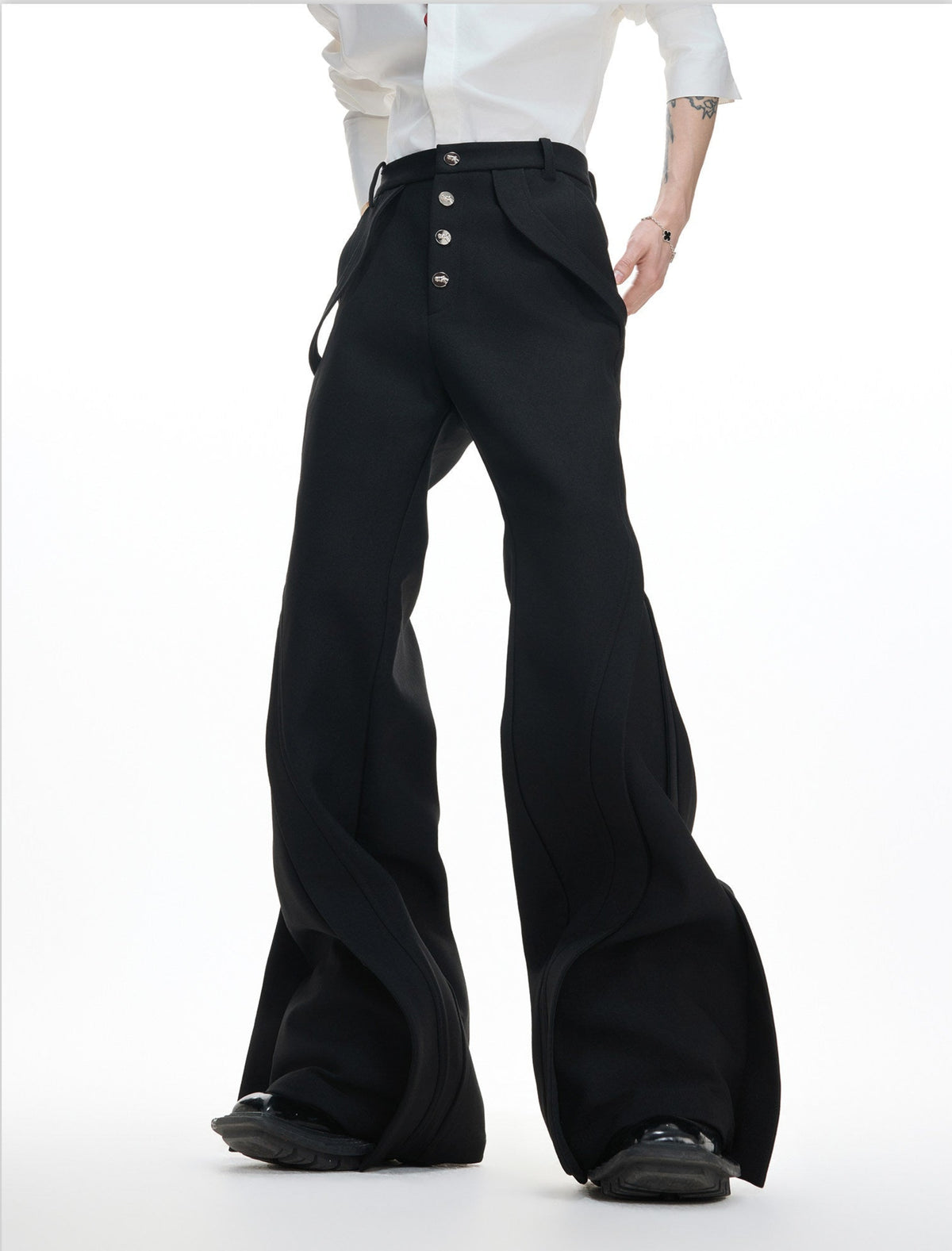 PARADOX black high-rise flared trousers with curved tailored panel seams, additional product photograph 3 | OFFCULTURE®