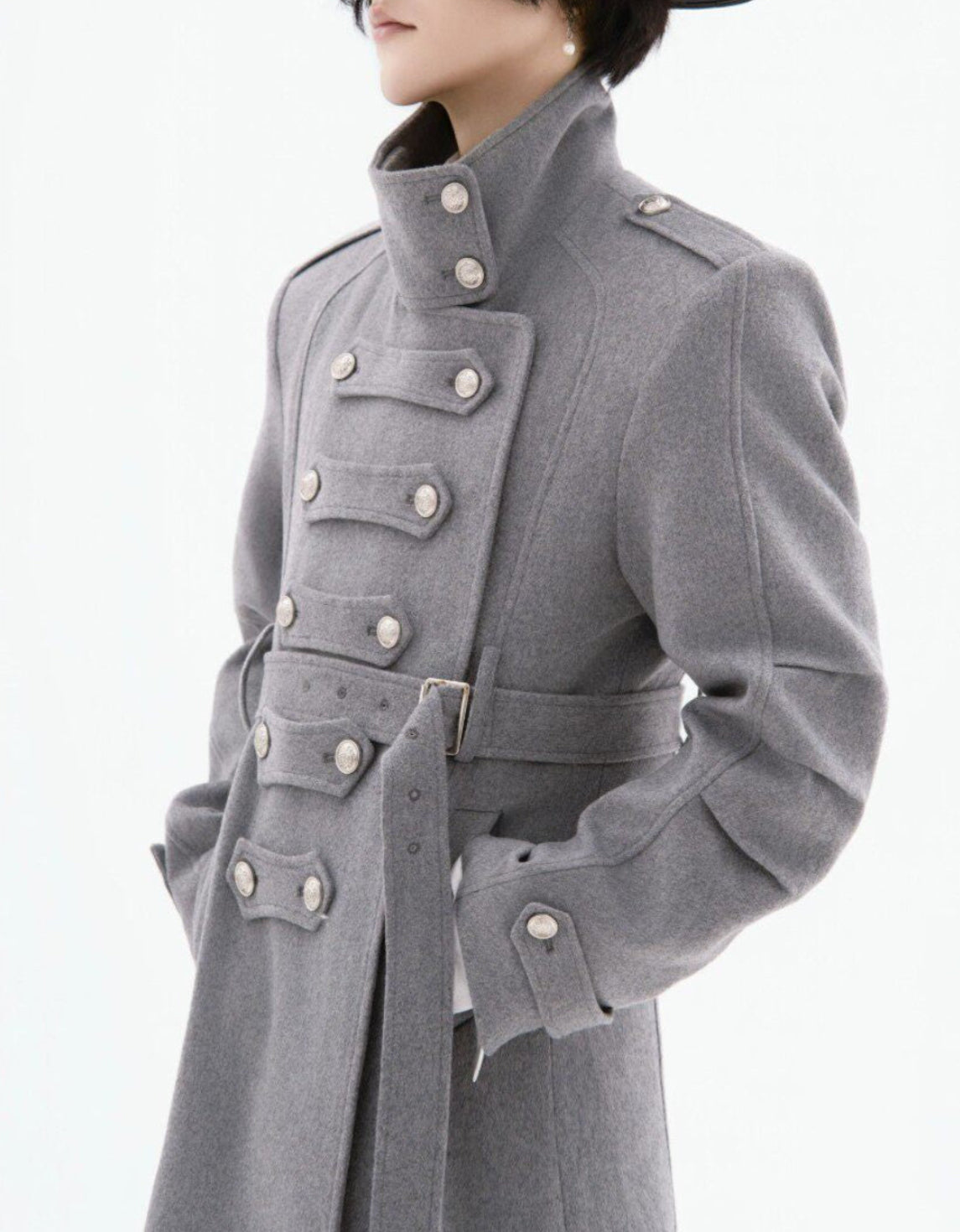 COLD BLOOD grey structured long wool-blend coat with military detailing, additional product photograph 6 | OFFCULTURE®