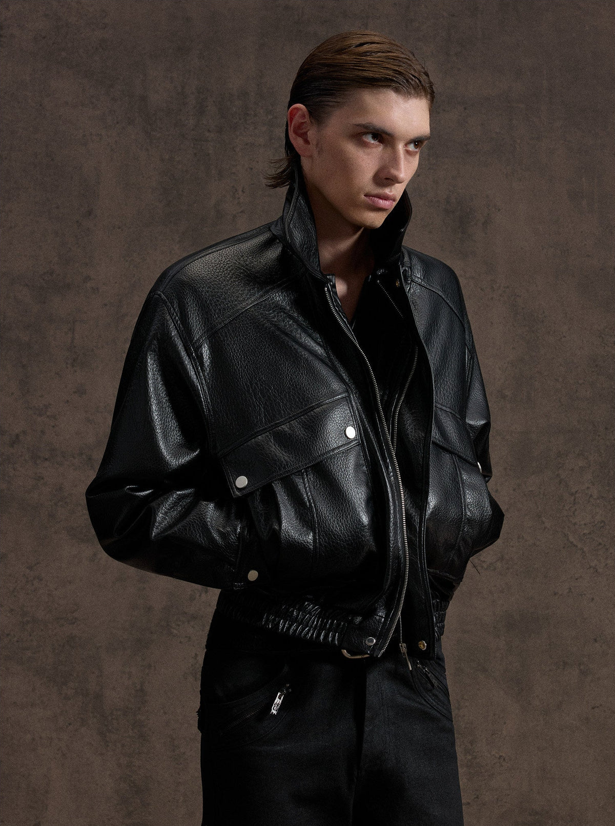 NVRHOME oversized grained black faux-leather jacket with flap pockets, additional product photograph 10 | OFFCULTURE®