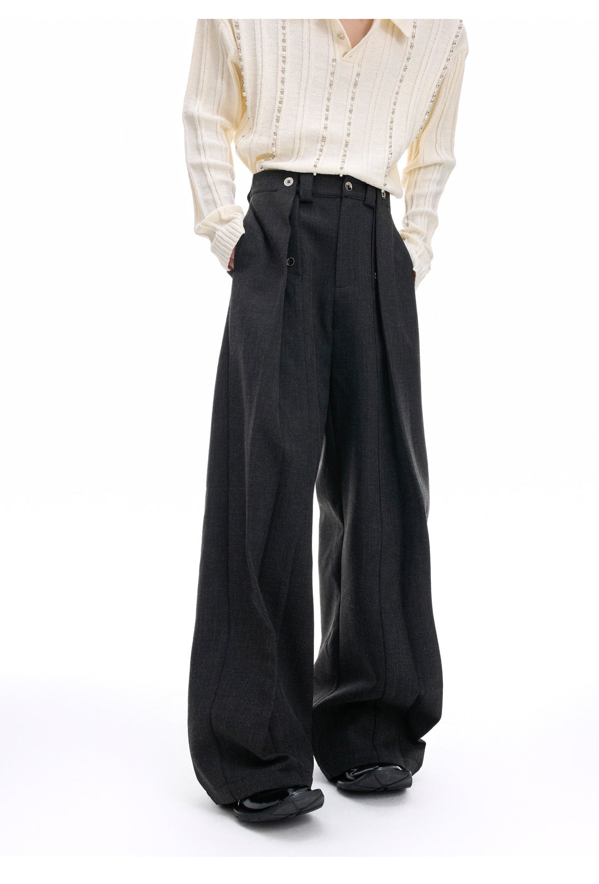 ALTEREGO black draped straight-leg trousers with pleated deconstructed panels, additional product photograph 3 | OFFCULTURE®