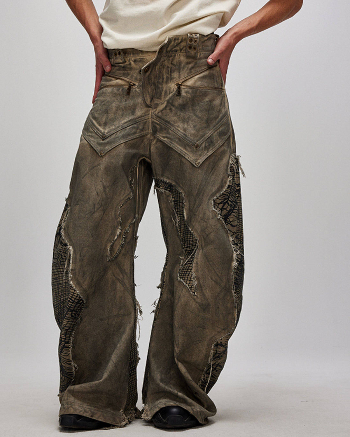 DUST THEORY mud-washed deconstructed curved-leg pants with mesh panels, additional product photograph 10 | OFFCULTURE®