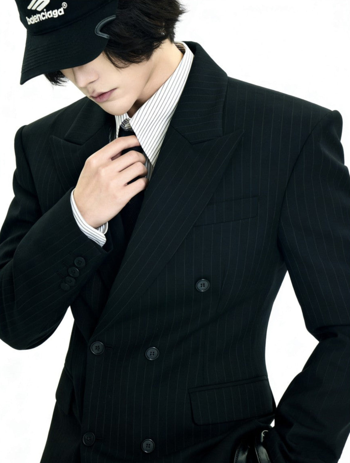 BAD HABITS black pinstripe padded-shoulder slim blazer, additional product photograph 5 | OFFCULTURE®
