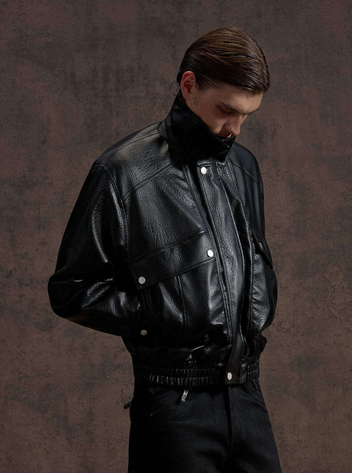 NVRHOME oversized grained black faux-leather jacket with flap pockets, additional product photograph 5 | OFFCULTURE®