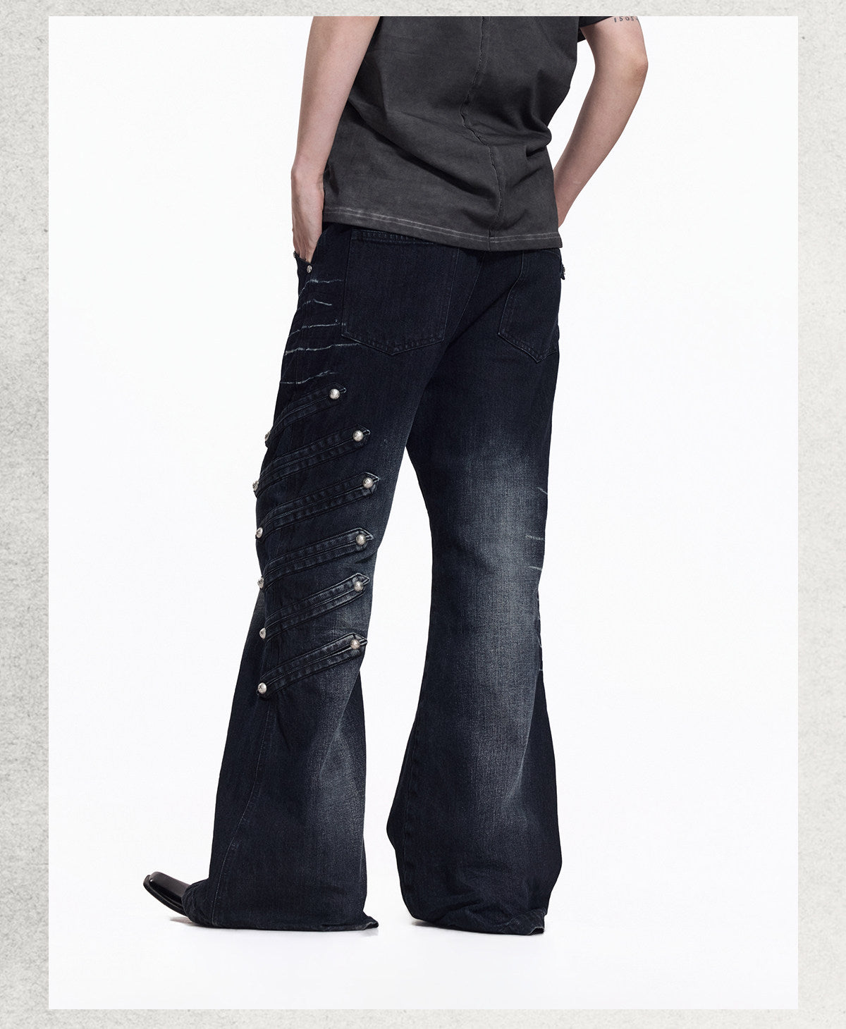 NVRTOUCH washed-black denim jeans with buttoned sides and wide flared legs, additional product photograph 9 | OFFCULTURE®