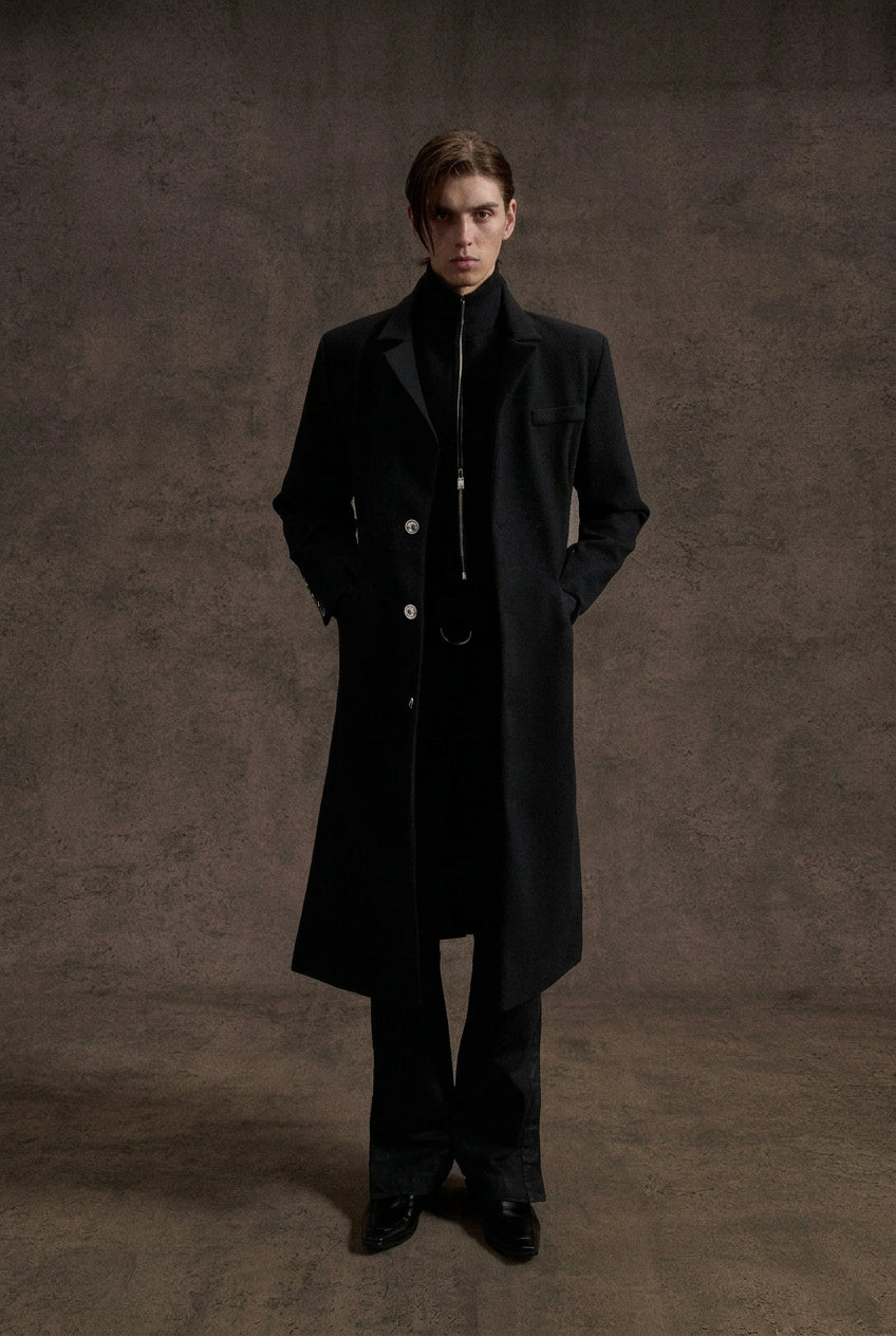 HALCYON black layered mock-neck long cotton coat, additional product photograph 5 | OFFCULTURE®