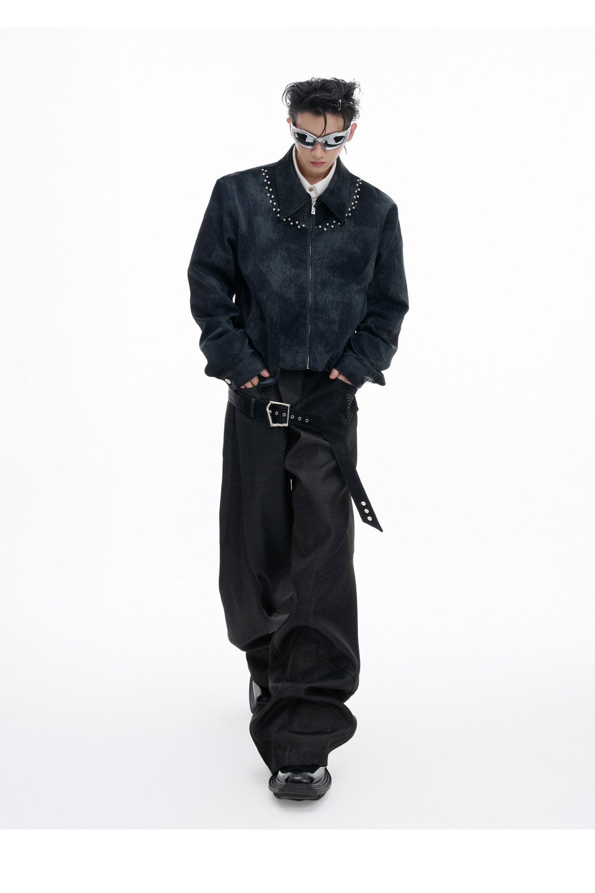 VANTAGE black croc-panelled straight-leg tailored trousers, additional product photograph 7 | OFFCULTURE®