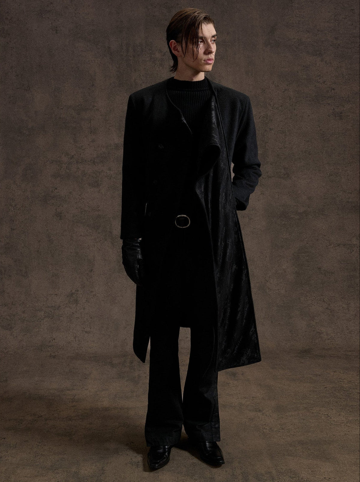 ARCADIA black long double-breasted coat with jacquard lapel panels, additional product photograph 9 | OFFCULTURE®