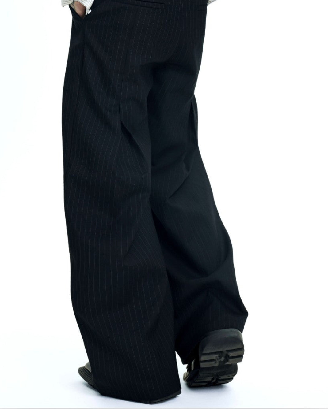 BAD HABITS black pinstripe high-rise wide-leg tailored trousers, additional product photograph 2 | OFFCULTURE®