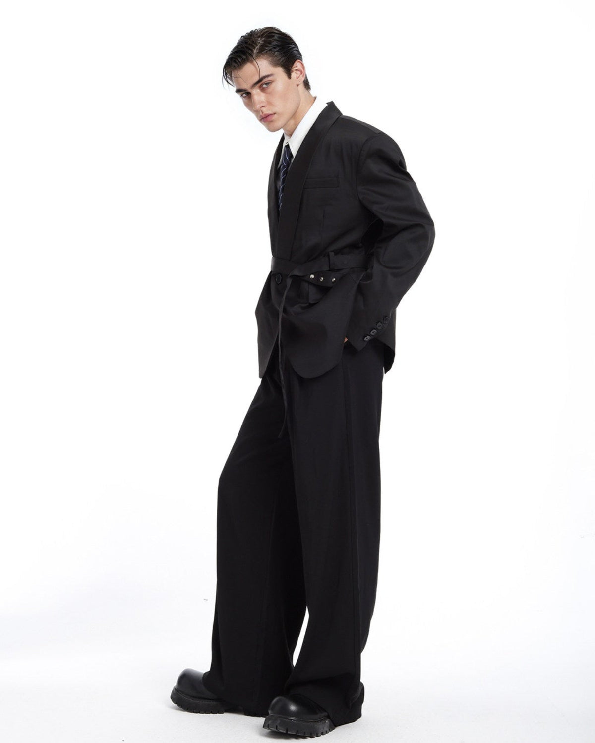 PRIVATE VIEW relaxed black belted shawl-collar tailored blazer, additional product photograph 2 | OFFCULTURE®