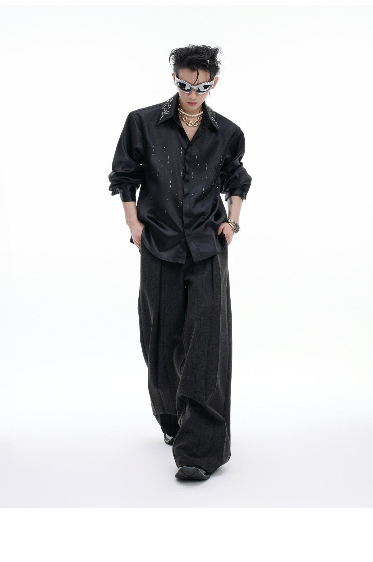 ALTEREGO black draped straight-leg trousers with pleated deconstructed panels, additional product photograph 4 | OFFCULTURE®