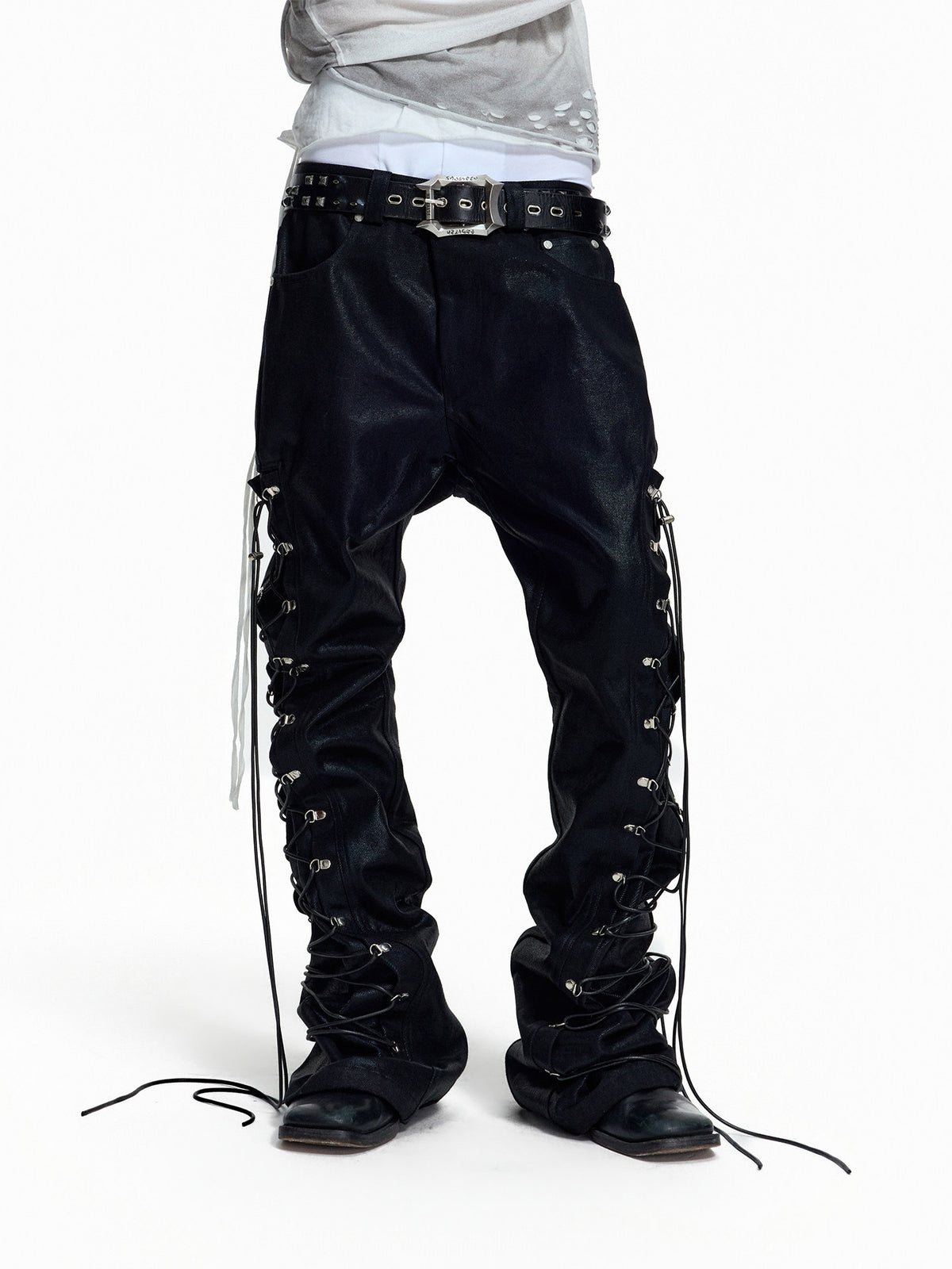 NVRSETTLE coated lace-up flared denim pants