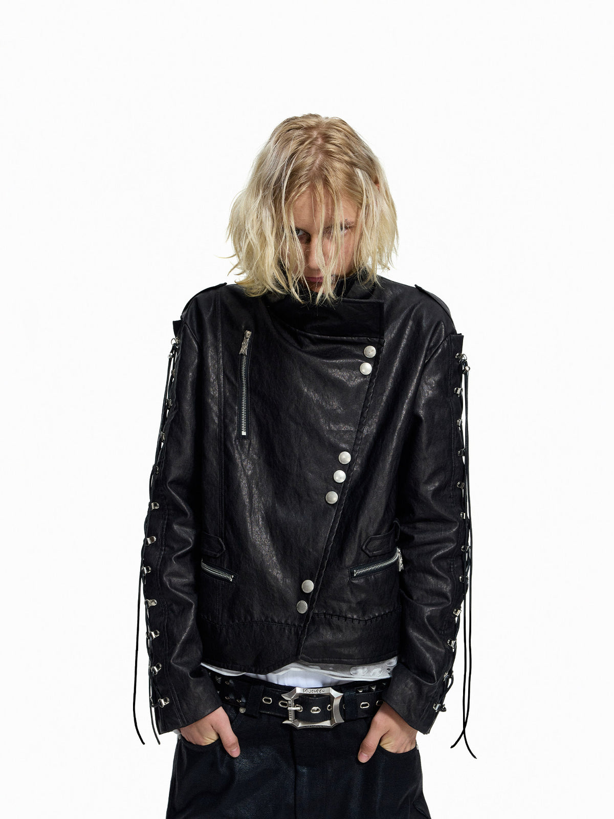 SLOW DAMAGE asymmetric coated biker jacket