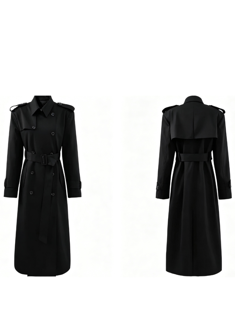 NVRLOOKBACK long oversized black belted trench coat, additional product photograph 6 | OFFCULTURE®