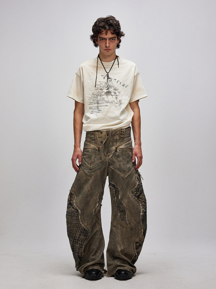 DUST THEORY mud-washed deconstructed curved-leg pants with mesh panels, additional product photograph 3 | OFFCULTURE®