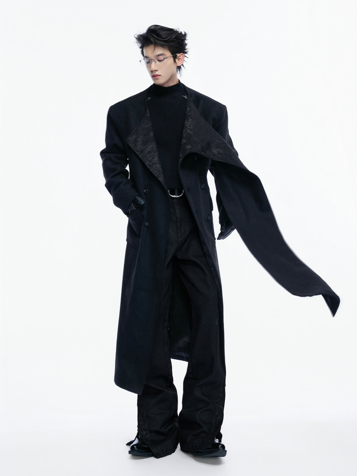 ARCADIA black long double-breasted coat with jacquard lapel panels