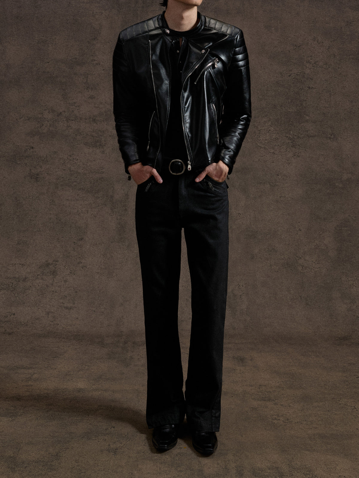 NVRSAINT cropped black asymmetric faux-leather biker jacket, additional product photograph 4 | OFFCULTURE®