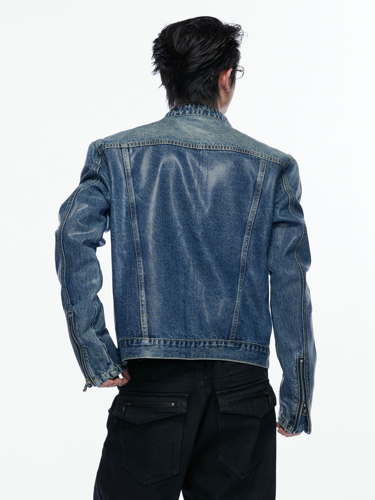 NVRFOUND faded-blue washed cropped denim jacket with stand collar, additional product photograph 2 | OFFCULTURE®