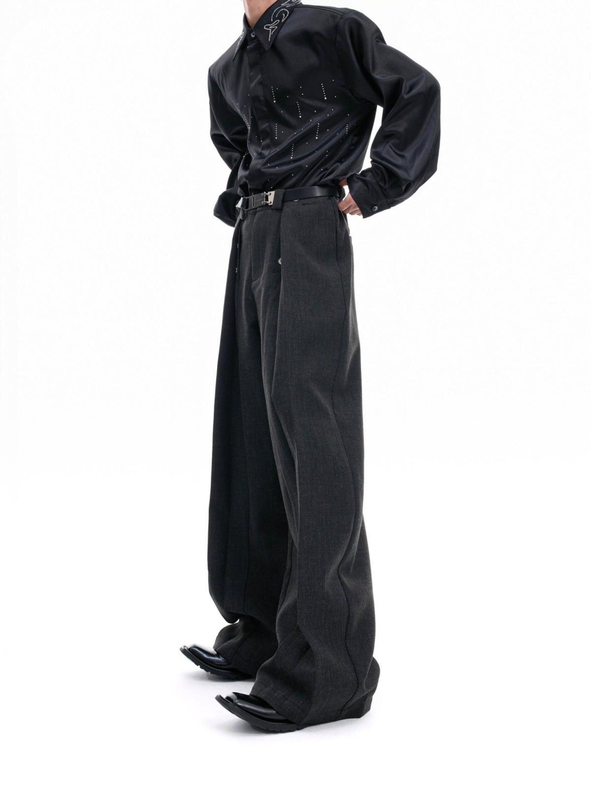 ALTEREGO black draped straight-leg trousers with pleated deconstructed panels