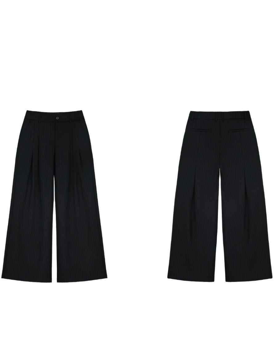 BAD HABITS black pinstripe high-rise wide-leg tailored trousers, additional product photograph 6 | OFFCULTURE®