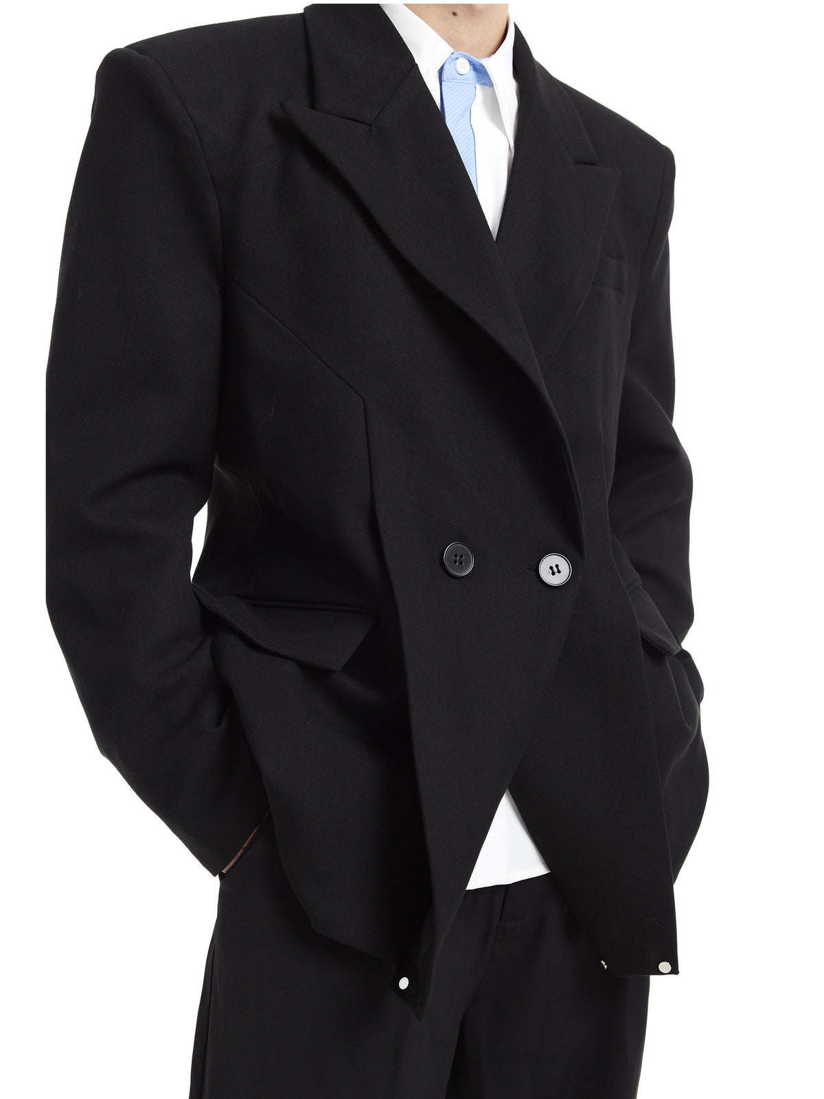 LOVELESS black waisted satin-finish blazer with shawl lapels, additional product photograph 4 | OFFCULTURE®