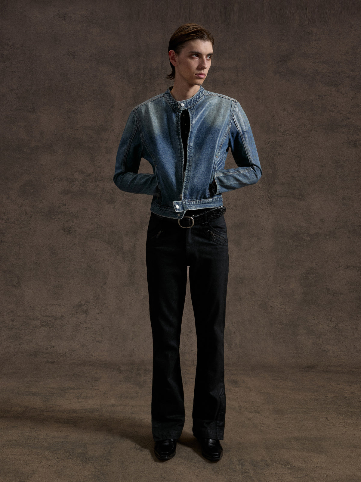 NVRFOUND faded-blue washed cropped denim jacket with stand collar