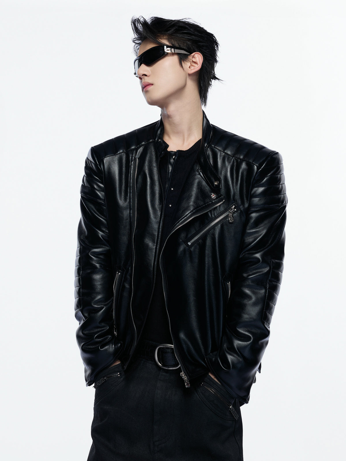 NVRSAINT cropped black asymmetric faux-leather biker jacket