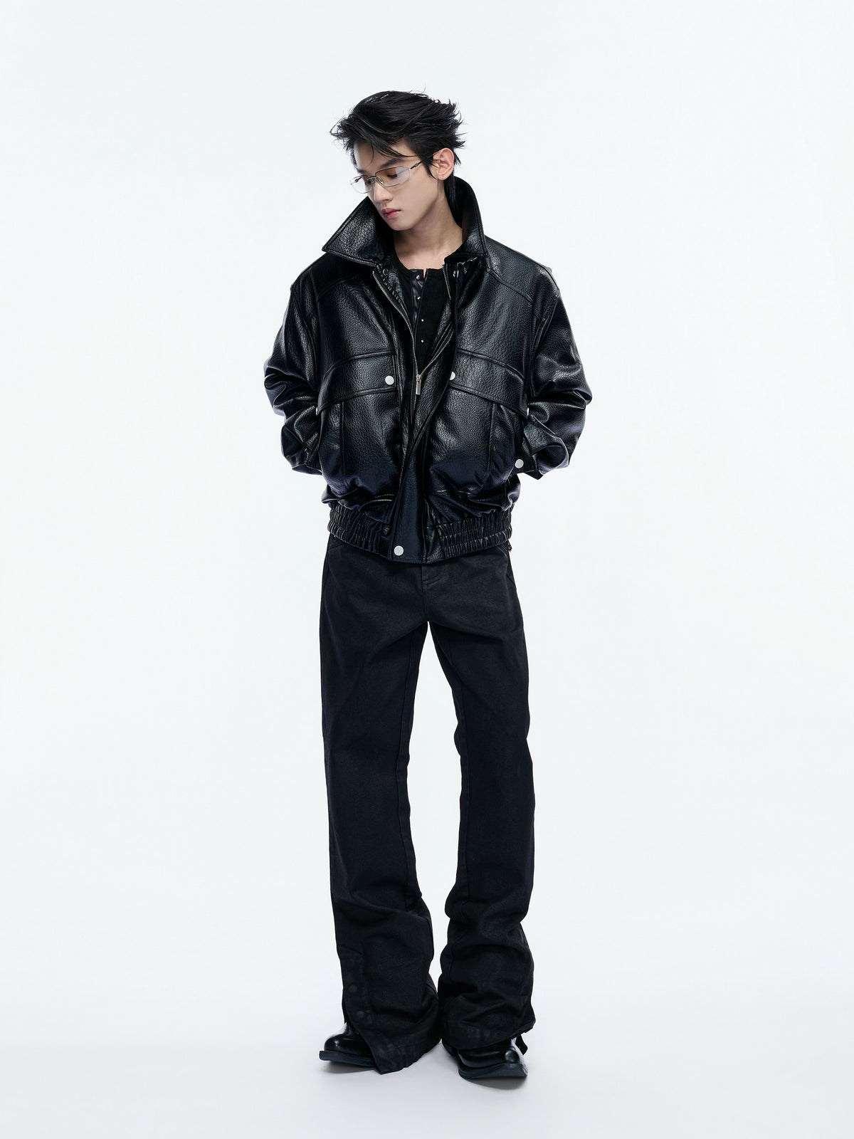 NVRHOME oversized grained black faux-leather jacket with flap pockets
