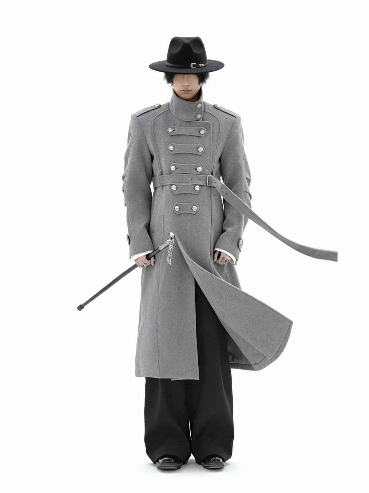 COLD BLOOD grey structured long wool-blend coat with military detailing, additional product photograph 2 | OFFCULTURE®