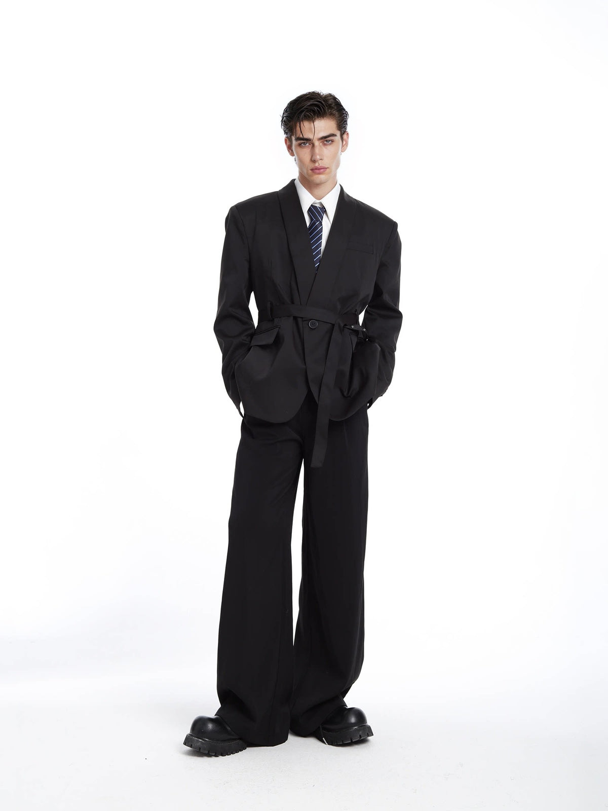 PRIVATE VIEW relaxed black belted shawl-collar tailored blazer