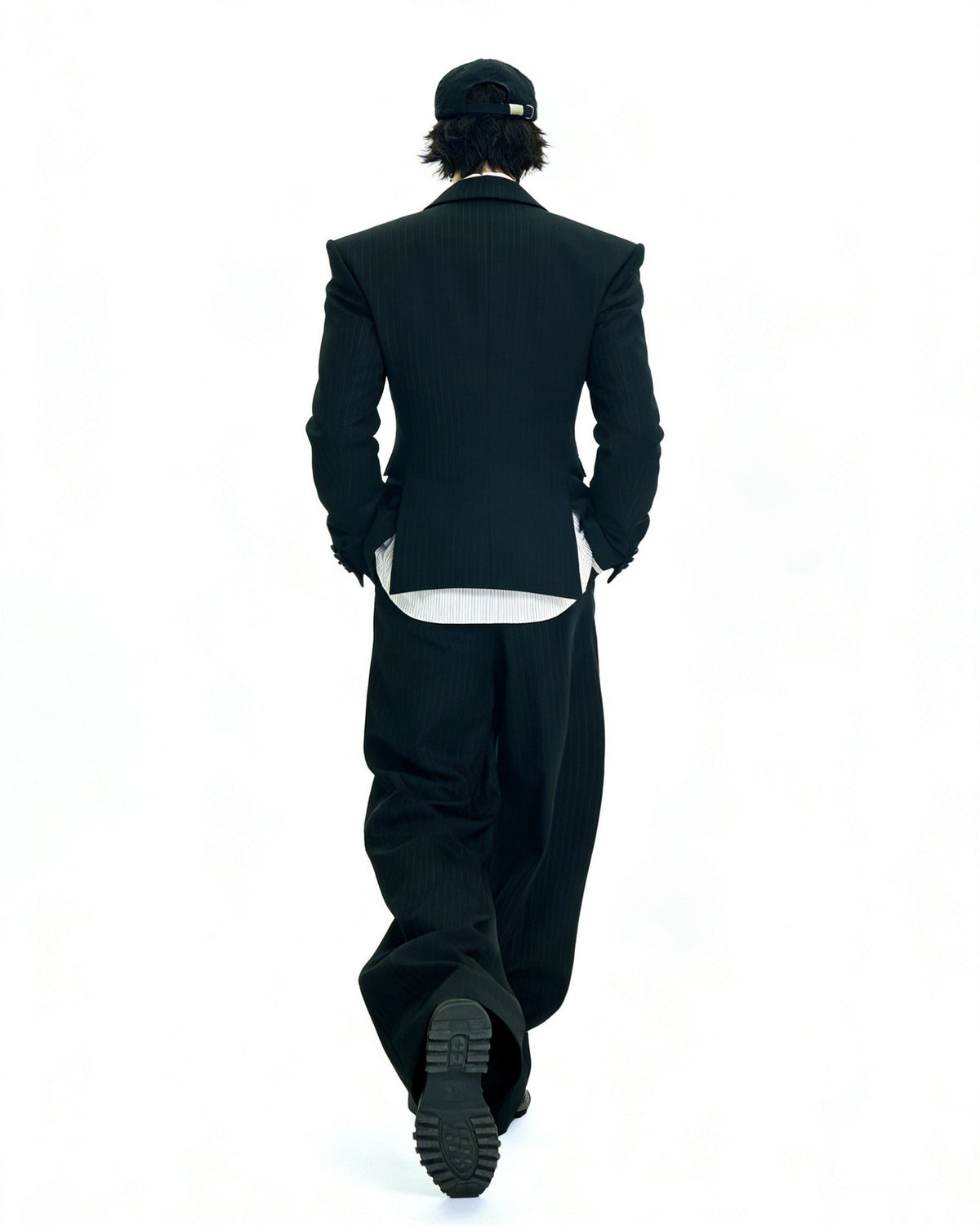 BAD HABITS black pinstripe high-rise wide-leg tailored trousers, additional product photograph 3 | OFFCULTURE®
