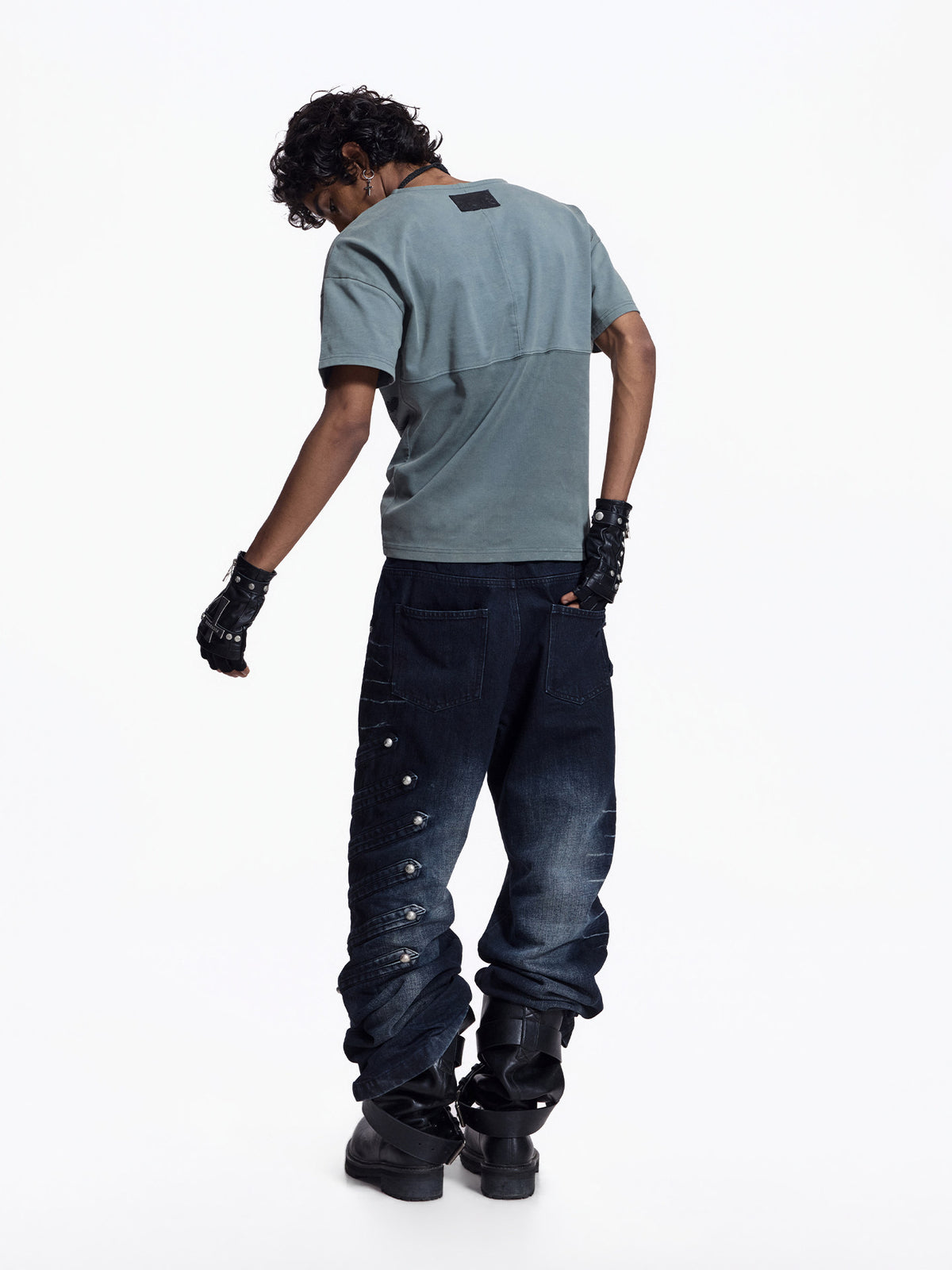 NVRTOUCH washed-black denim jeans with buttoned sides and wide flared legs, additional product photograph 5 | OFFCULTURE®